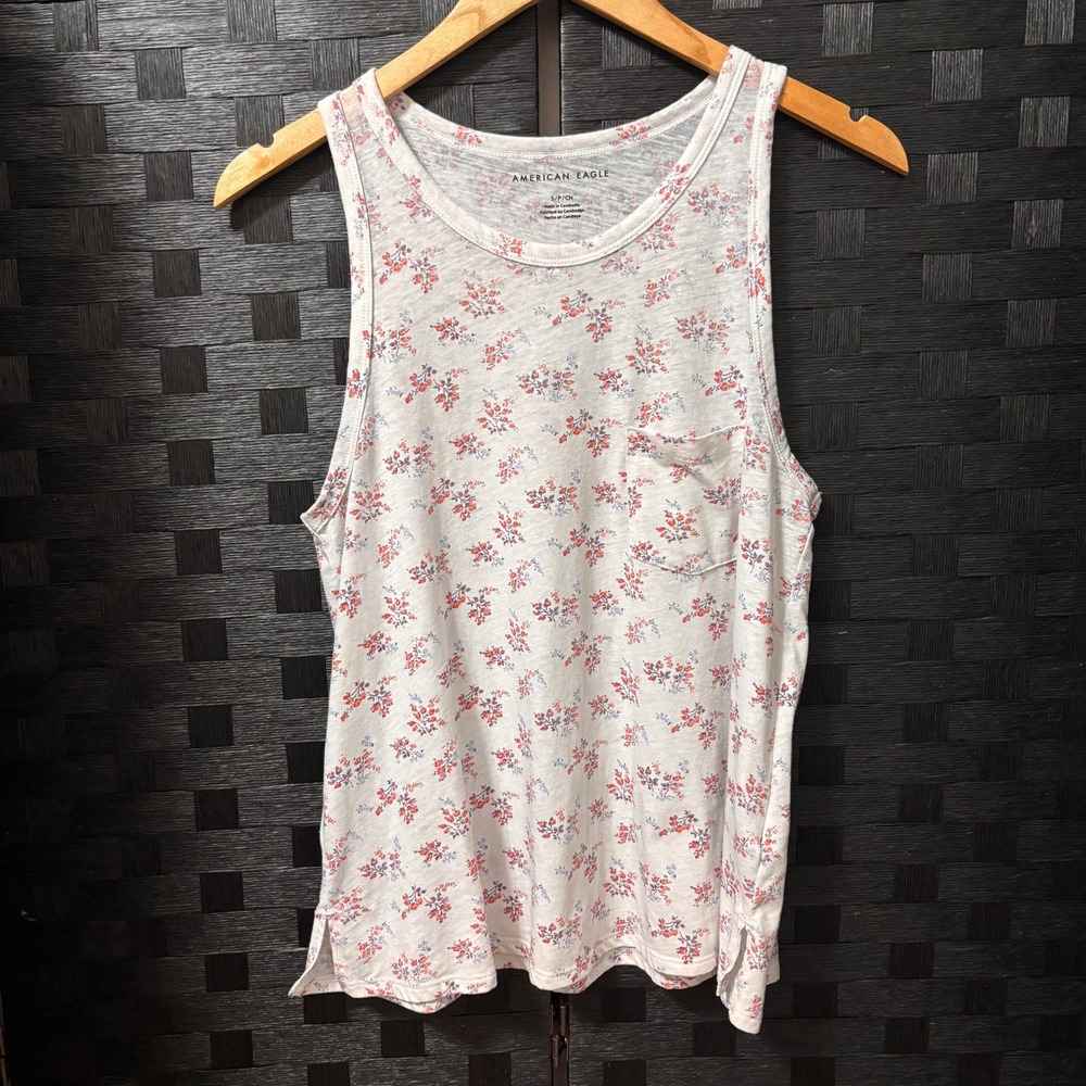 American Eagle Tank Top Womens S Cream Floral Pocket Slub Knit Casual Cottage